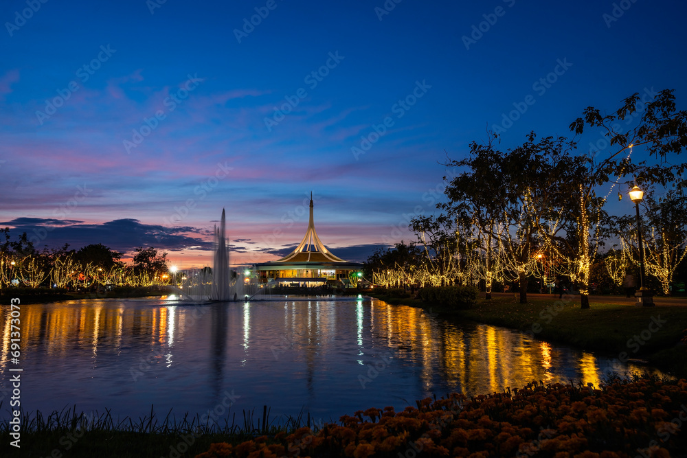 Suan Luang Rama IX Public Park is a landmark in Bangkok, Thailand. There will be a colorful light and sound show celebrating and  beautiful view of the city of the capital of the most famous landmark 