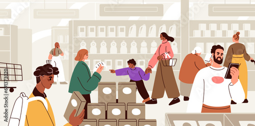 People in grocery store, shop. Consumers in supermarket. Customers, buyers walking, standing, choosing and buying food products, goods in hypermarket aisles, shelves. Flat vector illustration