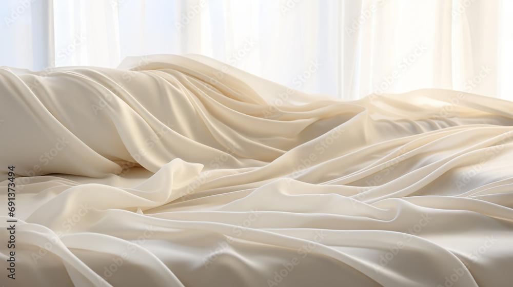 Crumpled white bed blanket. Flat lay style. Home textiles. Comfort concept Crumpled white bed blanket. Flat lay style. Home textiles. Comfort concept
