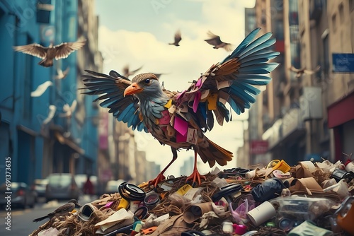 Photo, a bird from garbage at a garbage dump in the city © Victoria