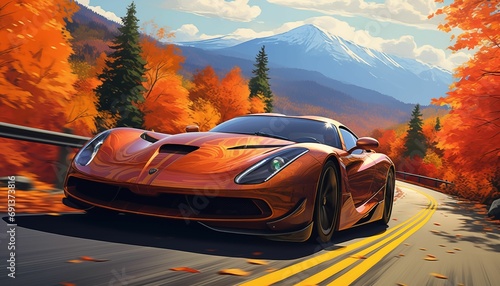 AI generated illustration of a sports car cruising along the Kancamagus highway in New Hampshire photo
