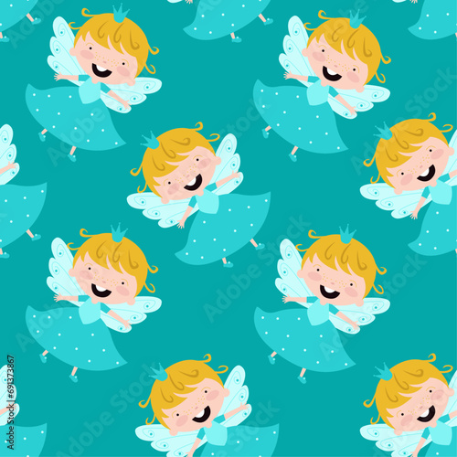 Seamless pattern of cartoon fairies or angels on a turquoise background
