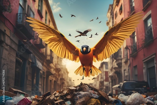 Foto Photo, birds in the city fly over a garbage dump