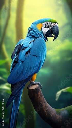 beautiful blue macaw bird perched on tree in nature landscape, Generative Ai © QuietWord