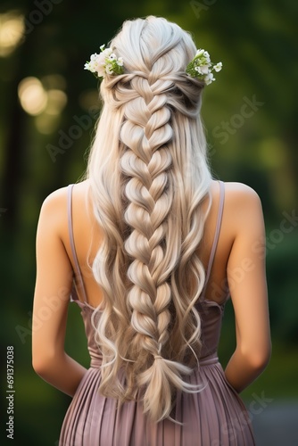 pretty woman wearing beautiful long braid hairstyle walking in green park forest, bridal hairstyle, Generative Ai