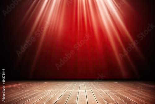 empty stage room with red curtains and spotlights, A vibrant stage with focused spotlights and a classic wooden floor. Perfect for theatre posters, event promotions, music album covers and performing 