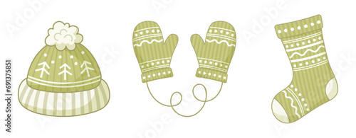 Green winter clothes.