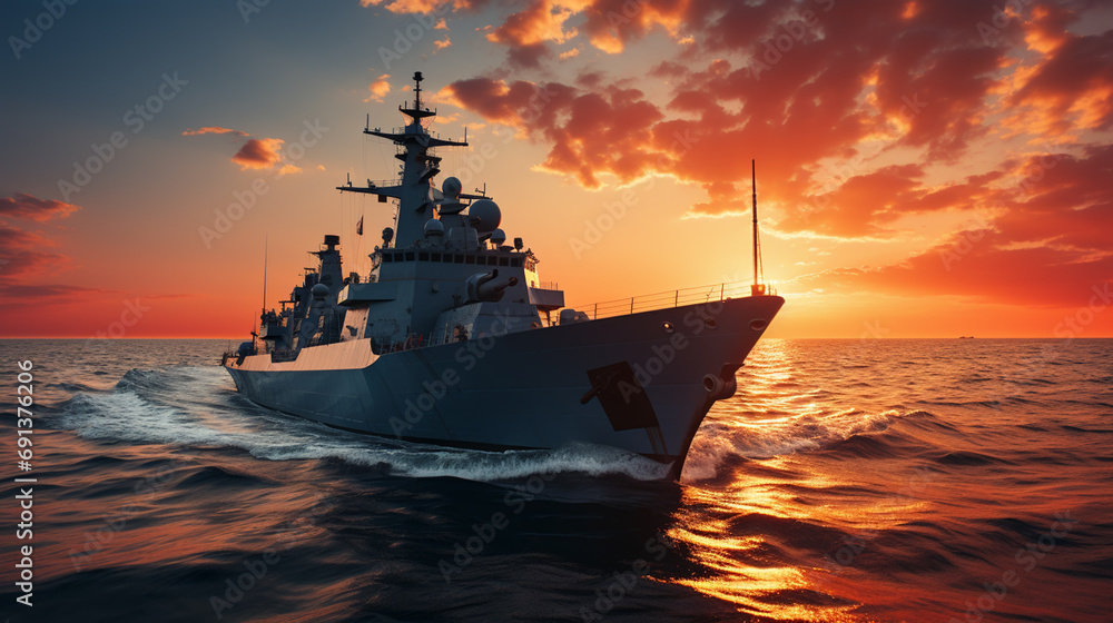 The military ship on sea at sunrise. - obrazy, fototapety, plakaty 