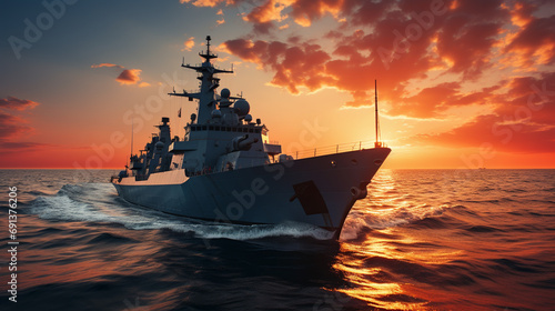 The military ship on sea at sunrise. photo