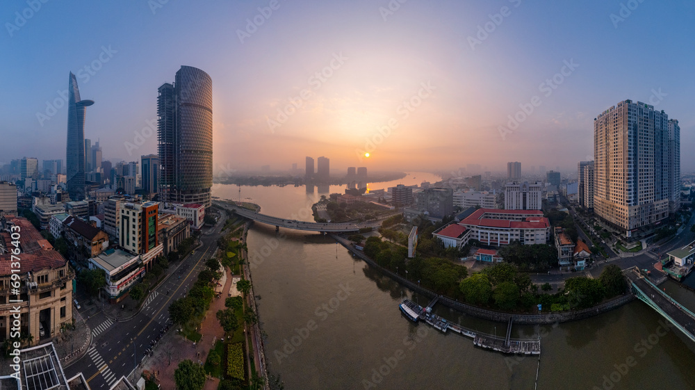 Sunrise on Saigon riverside, Ho Chi Minh city, Vietnam