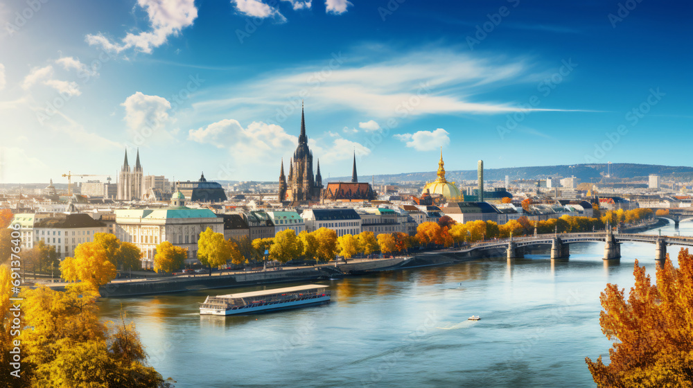 Skyline of Vienna and Donau river autumn season - obrazy, fototapety, plakaty 