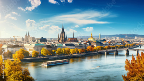 Skyline of Vienna and Donau river autumn season photo