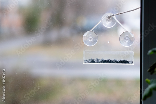 empty transparent bird feeder with sunflower seeds on the window, close-up photo
