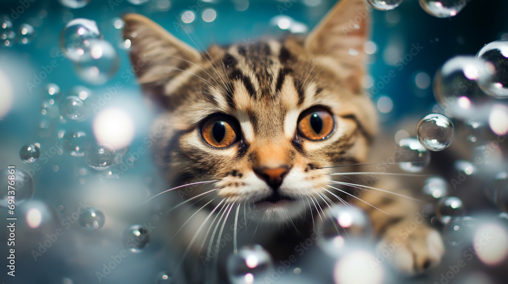 Funny wet gray tabby cute kitten in bath. Just washed lovely fluffy cat with soap foam on his head. Funny wet gray tabby cute kitten in bath. Just washed lovely fluffy cat with soap foam on his head.