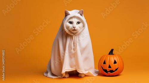 Halloween cat in a ghost costume on dark gray background. Funny cat in a Halloween costume with pumpkin.