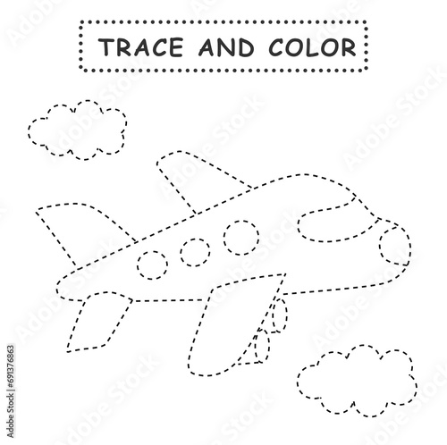 Trace and color for children. Handwriting practice. Coloring page for kids. Preschool worksheet with cute airplane illustration.	 photo