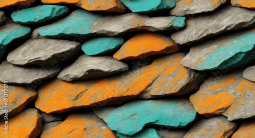 Orange teal modern background for design. Toned rock formation texture. Rocky cliff. Rough mountain surface. Close-up. Blue green stone granite. 3d. Wallpaper. Grunge generative  AI.