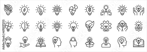 Idea icon set. Creative idea, brainstorming, solution, thinking and innovation icons. vector illustration on white background