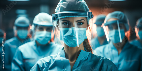 doctors or surgeons in isolation gown or protective suits, protect goggles and surgical face masks