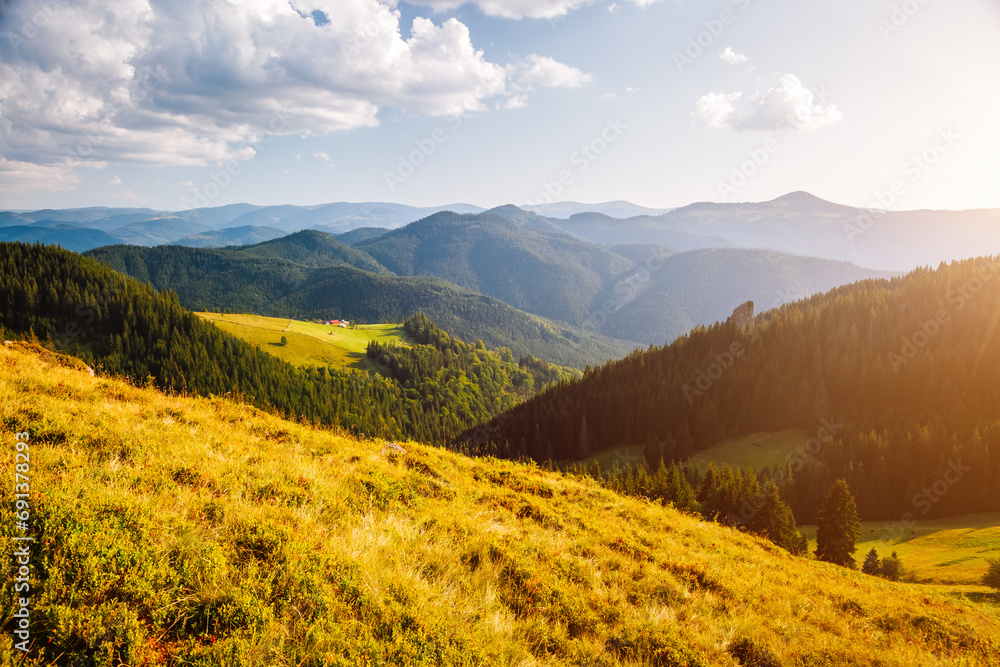 Perfect landscape of a rolling countryside on a sunny day. Carpathian mountains, Ukraine, Europe.