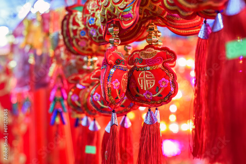 many decorations as symbol of wealth in the market for Tet Lunar New Year
