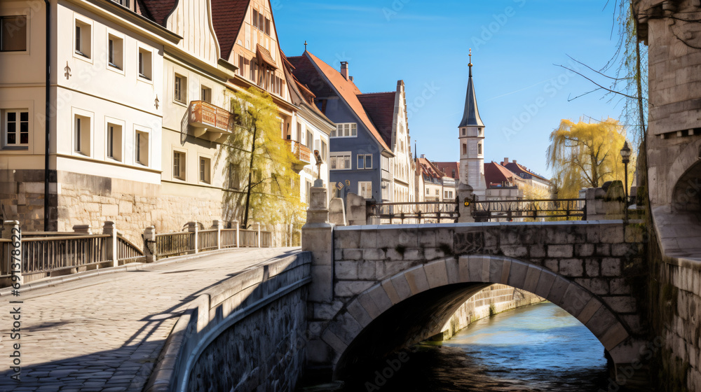 Stone bridge and street in Regensburg Germany