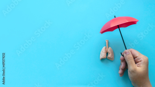World pneumonia day,tuberculosis TB day,Lung Health Day,asthma day. Healthcare banner.  Hand holding red umbrella with cover lungs model. photo