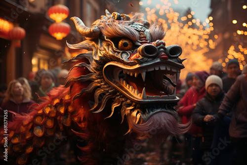 A model of a colorful Asian dragon celebrating the Chinese New Year