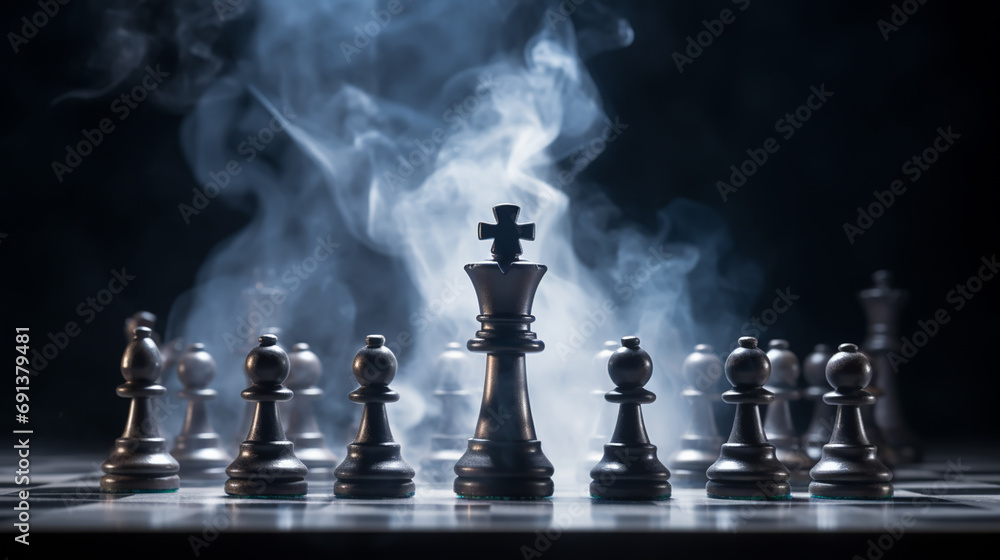 The set of chess pieces element, king, queen rook, bishop, knight, pawn standing on chessboard on dark background, vertical style. The set of chess pieces element, king, queen rook, bishop, knight, pawn standing on chessboard on dark background, vertical style.