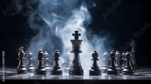 The set of chess pieces element, king, queen rook, bishop, knight, pawn standing on chessboard on dark background, vertical style.