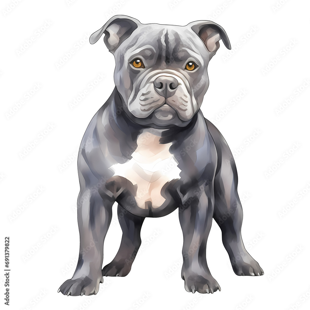 Cute American Pitbull Puppy Watercolor Clipart Illustration