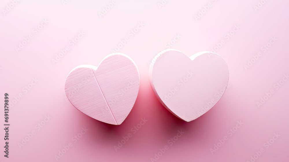 Happy valentine's day and love decoration background concept made from two hearts on pastel pink background. copy space 3d hearts