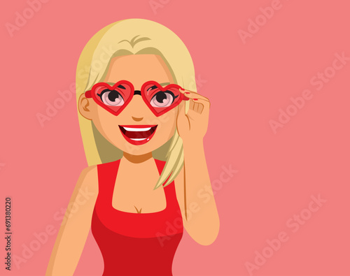 Woman looking through heart shape eyeglasses vector illustration seeing life through love concept. Girl holding eyewear on Valentine's Day