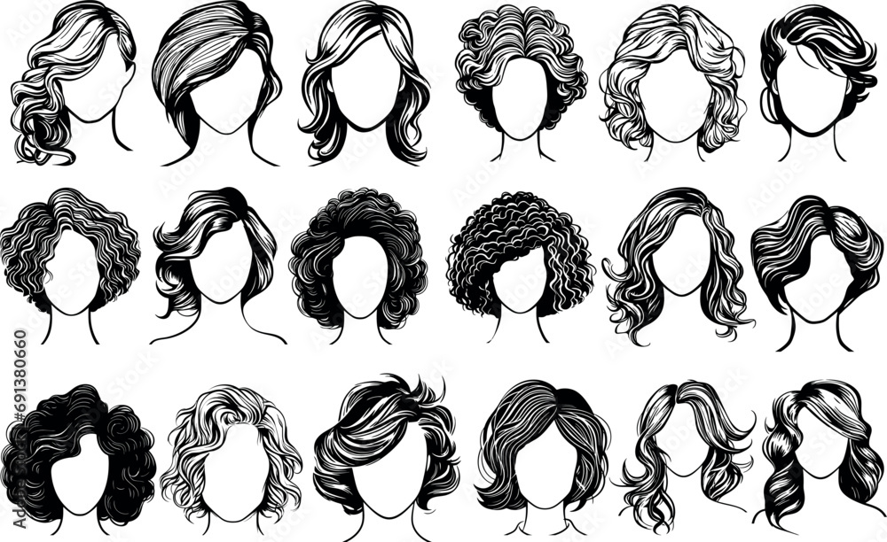 Vector woman hairstyle silhouette set . black Illustration hairstyles for girls in various themes. Hand drawn collection V1 - obrazy, fototapety, plakaty 