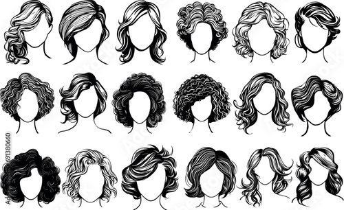 Vector woman hairstyle silhouette set . black Illustration hairstyles for girls in various themes. Hand drawn collection V1 photo