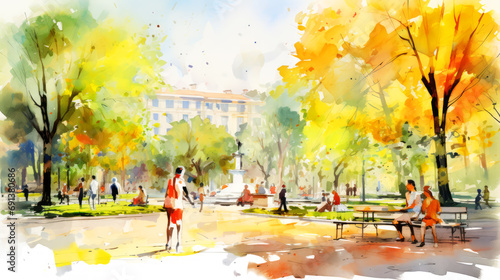 People walking in the city park on watercolor illustration painting background. photo