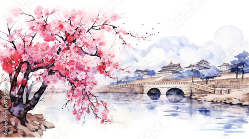 Watercolor painting of Spring Cherry blossom. photo