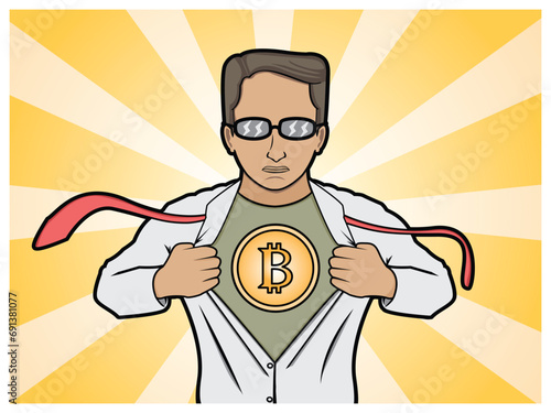 illustration of a man opening his shirt to show a bitcoin logo