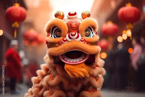 cute chinese lion dance costume for chinese new year festival celebration  photo