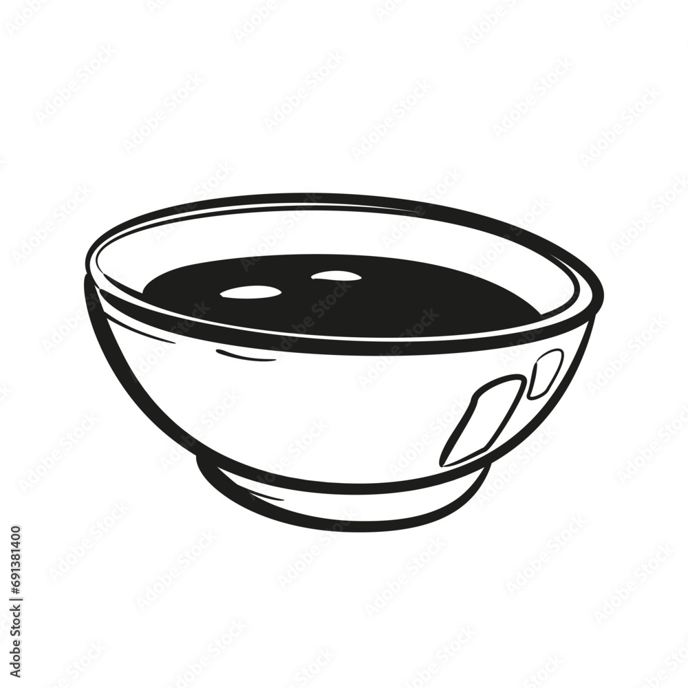 Gravy boat with soy sauce. Ceramic cup in doodle style. Hand drawn illustration. Gravy boat with soy sauce. Ceramic cup in doodle style. Hand drawn illustration.
