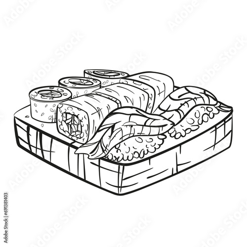 Sushi roll set on wooden plate. Hand drawn isolated vector illustration.