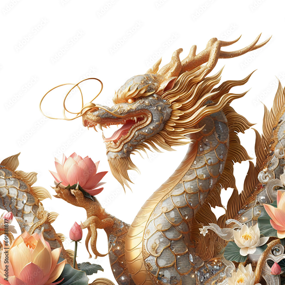 Oriental dragon hugging lotus flowers in white cloud , transparent png wallpaper by Ai generated