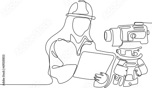 Close up of Caucasian worker with helmet on head using tablet for work while standing in warehouse. Surveyor with a tripod icon. Geodesic tripod. Vector illustration