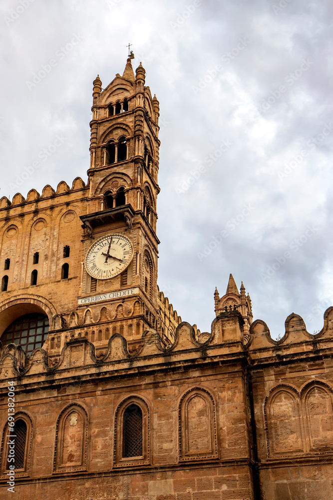 Clock tower of famous Palermo Cathedral in Palermo, Italy