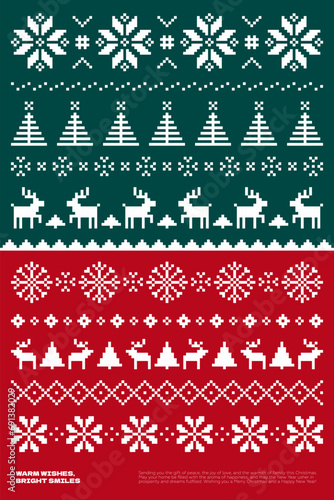 Merry Christmas and Happy New Year holiday abstract poster. Ugly sweater scandinavian pattern with deer and fir trees. Minimalist winter festive print. Retro style event placard. Trendy modern eps art