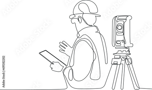 Close up of Caucasian worker with helmet on head using tablet for work while standing in warehouse. Surveyor with a tripod icon. Geodesic tripod. Vector illustration