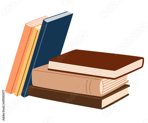 Stacks of books for reading. Literature, dictionaries, encyclopedias, planners with bookmarks. Pile of textbooks for education. Colored flat vector illustration isolated on white background