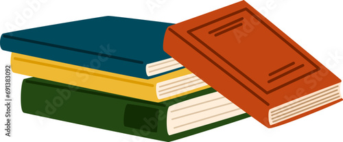 Stacks of books for reading. Literature, dictionaries, encyclopedias, planners with bookmarks. Pile of textbooks for education. Colored flat vector illustration isolated on white background