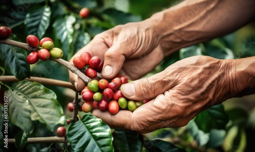 Picking Coffee Beans: A Close-Up of Hands Harvesting Fresh Beans photo