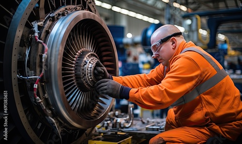 A Skilled Technician Assembling a Jet Engine in a Modern Factory